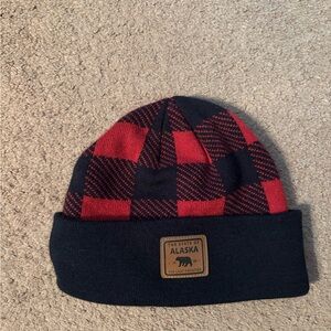 Red and Black Alaska Plaid Beanie warm winter toque patch leather cute cozy